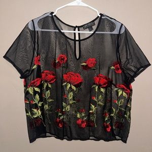 sheer cropped t-shirt with embroidered roses
